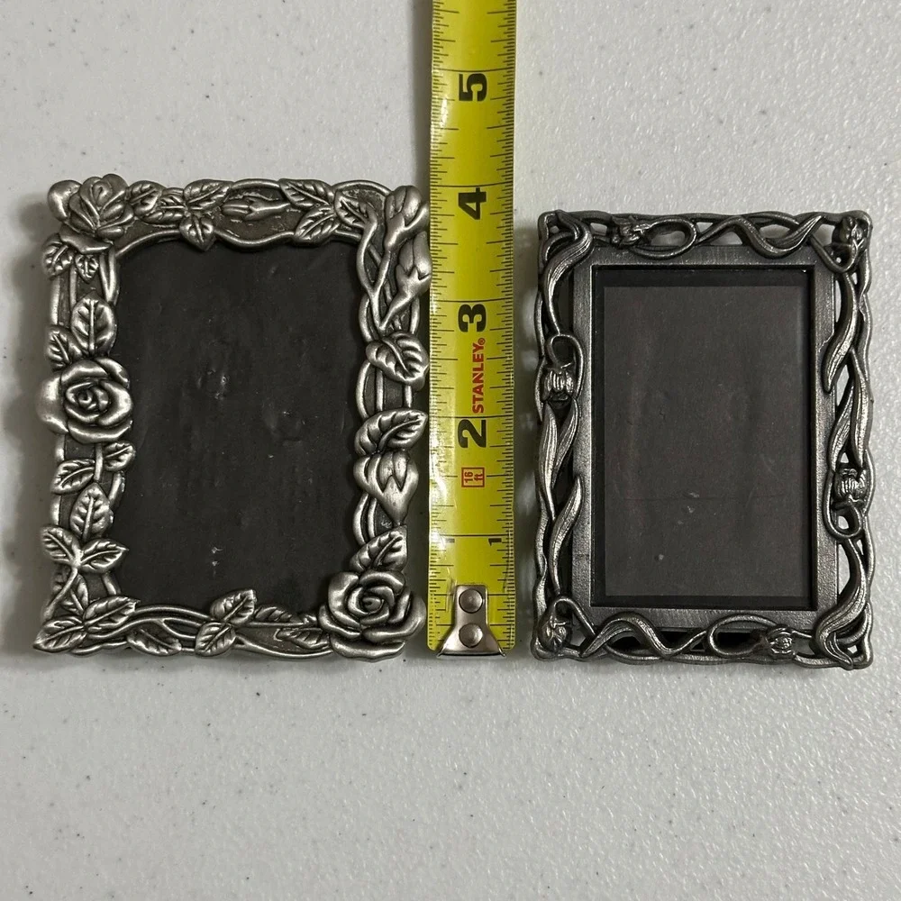 Vintage Miniature Pewter Tone Floral Rose Tulip Picture Frame Set Silver 2pc
